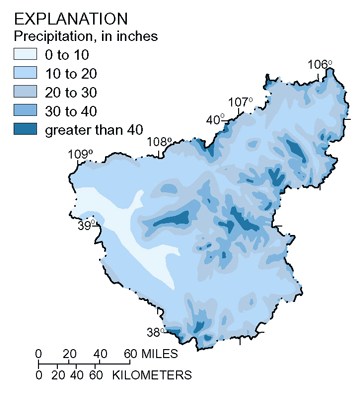 Figure 2. Average annual precipitation (1951–80) in the UCOL (Colorado Climate Center, 1984).