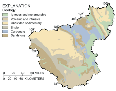 Figure 5. The bedrock geology within the UCOL changes from predominately igneous, metamorphic, and volcanic rock types in the eastern and central areas to predominantly sedimentary rock types in the western areas (Tweto, 1979; Green, 1992).