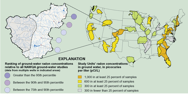 Map showing Ranking of ground-water radon concentrations relative to all NAWQA ground-water studies and (data from multiple wells in indicated areas) Study Units’ radon concentrations in ground water, in picocuries per liter (pCi/L).