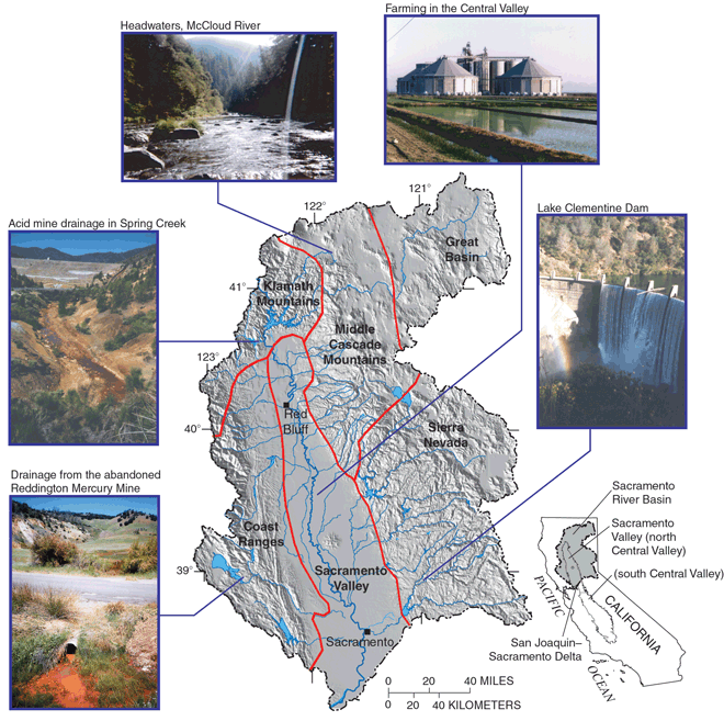 Figure 1. Map showing physiographic provinces in the Sacramento River Basin. Physiographic provinces are regions defined principally by geologic and topographic features. Picture upper left: Photo showing Headwaters, McCloud River. Photo upper left image showing Farming in the central valley Farming in the Central Valley. Photo left side, image showing Acid mine drainage in Spring Creek. Photo lower left: image showing Drainage from the abandoned Reddington Mercury Mine. Photo right side: image showing Lake Clementine Dam.