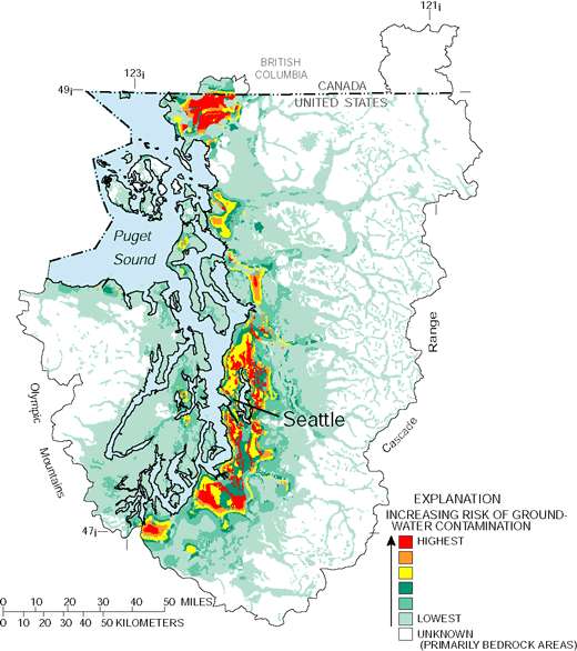Map shows risk of ground-water contamination (vulnerability) by nitrate. Map results are based on predicted probabilities of elevated nitrate concentrations in shallow ground water.