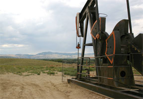 Oil pump jack in the Rock River field, western Laramie Basin, Wyoming.  Photograph by Ken Takahashi.