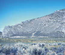 Continental margin carbonate and slope deposits of the Devils Gate Limestone, near Eureka, Nevada. Photograph by Lawrence O. Anna.
