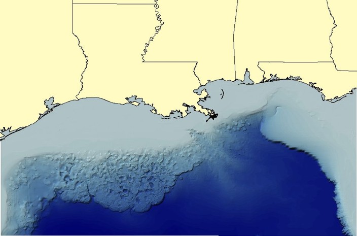 Coastal Relief Model Bathymetry image for the Gulf of Mexico area (Mr Sid format