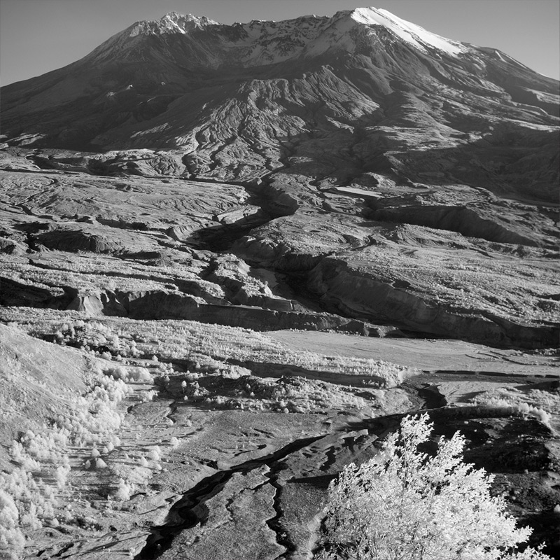 View of Mount St. Helens, Washington looking south from outside the Johnston Ridge Observatory in Mount St. Helens National Volcanic Monument. Photographed near sunset with a digital infrared camera that images wavelenghts in the near infrared from 715-1100nm (USGS photograph by Andrew D. Barron, October 18, 2011.)