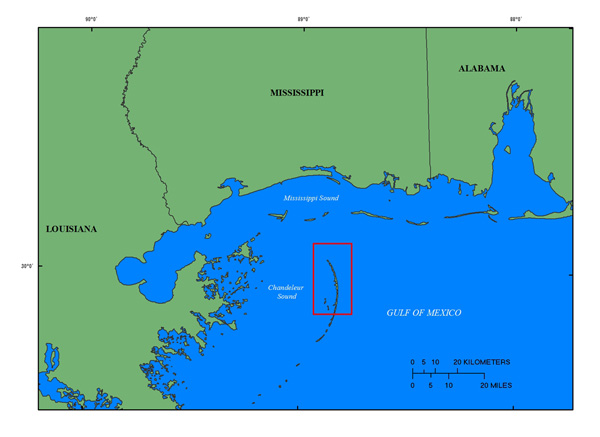 Study area and location map of the Chandeleur Islands, Louisiana.