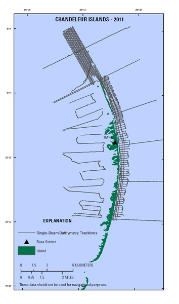 Map showing single-beam bathymetry survey tracklines around the Chandeleur Islands