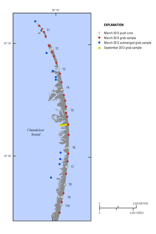 Map showing location of sediment samples from the northern Chandeleur Islands