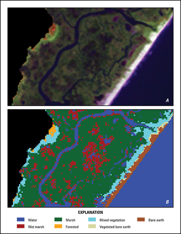 Example of wet marsh land-cover class shown on (A) radiometrically corrected Landsat 5 composite image acquired November 26, 2008 and (B) corresponding thematically classified raster dataset. False-color RGB visual display uses bands 4,5,3.