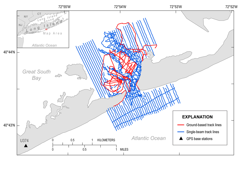 The wilderness breach single-beam and ground-based Global Positioning System (GPS) track lines for Fire Island survey in June 2014.