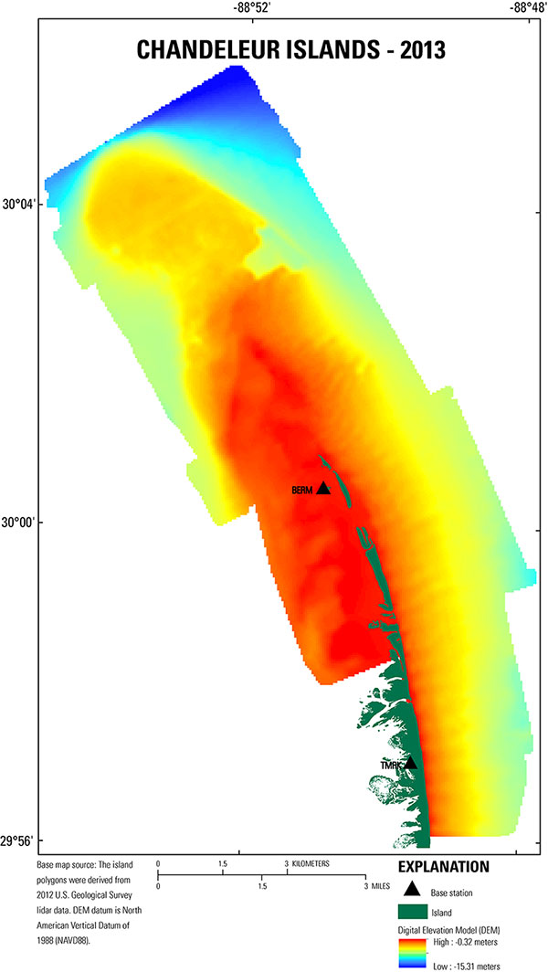 A 50-meter digital elevation model of 2013 bathymetry surrounding the Chandeleur Islands, Louisiana.