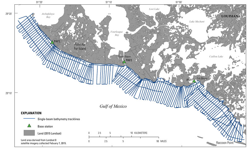 Trackline map overview for the 2015 Barrier Island Comprehensive Monitoring single-beam bathymetry survey along the southern coast of Louisiana, from Raccoon Point to Point Au Fer, Louisiana. 