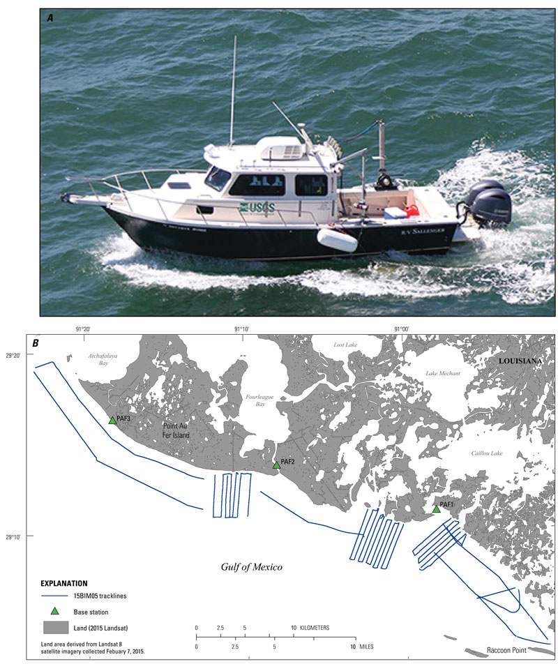 Data acquisition showing in A, a photograph of the R/V Sallenger vessel used for data collection and in B, a trackline map of 307.7 line-km (70 lines) single-beam bathymetry results (USGS SPCMSC cruise identifier 15BIM05).