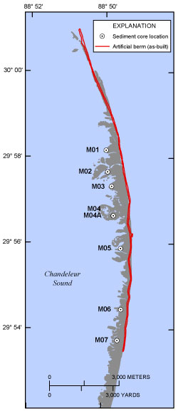 A map showing the labeled core locations, location of the artificial sand berm and the shoreline extent derived from USGS lidar collected in February 2012