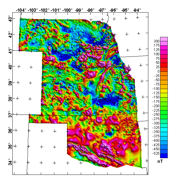 Nebraska, Kansas, & Oklahoma Composite Aeromagnetic Map 1000 Ft Above Ground