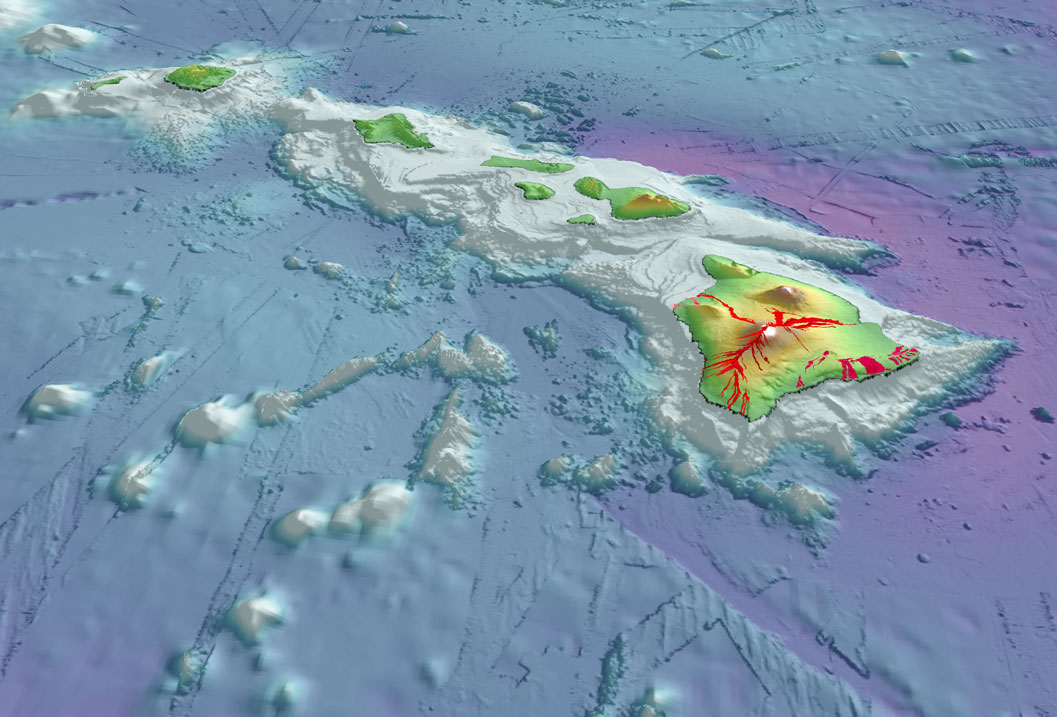[Perspective image of the Hawaiian Ridge using a combination of high and low-resolution seafloor bathymetry and 30m USGS DEM. (Image by Joel E. Robinson).]