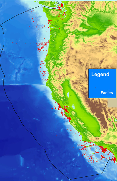 Image showing the distribution of facies (appropriately combined compositional) data for the U.S. Pacific Coast from usSEABED.