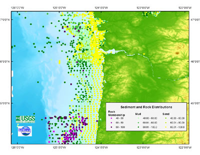 Figure 5. Image of grain-size distributions (gravels, sands, and muds) and hard bottom on the continental shelf near the mouth of the Columbia River from usSEABED as an example of extracted, parsed, and calculated data.