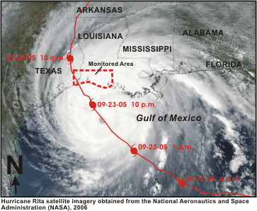 Figure 1. Path of Hurricane Rita, September 22-24, 2005, and study area in southwestern Louisiana and southeastern Texas.
