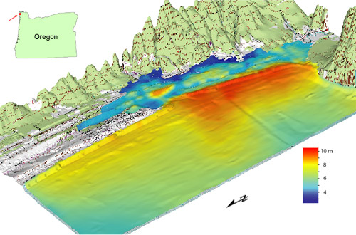 Perspective view of 500-year tsunami in the Seaside/Gearhart, Oregon, pilot study area.