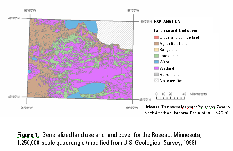 Figure 1. Generalized land use and land cover for the Roseau,Minnesota, 1:250,000-scale quadrangle (modified from U.S. Geological Survey, 1998).