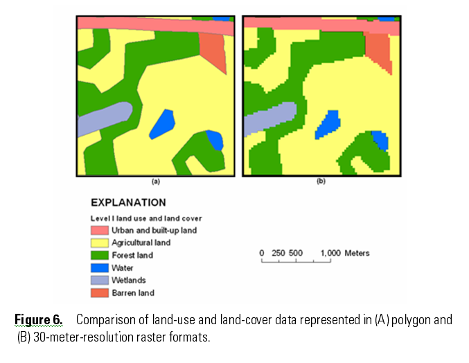 Figure 6. Comparison of land-use and land-cover data represented in polygon and 30-meter-resolution raster formats.