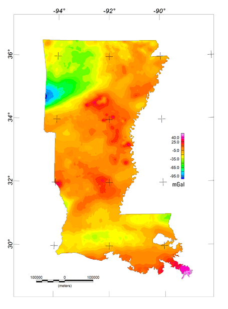 Arkansas and Louisiana Bouguer Gravity Anomaly Map 
