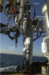 SEACAT temperature probe, conductivity sensor and conductivity cell pump mounted on large tripod frame.