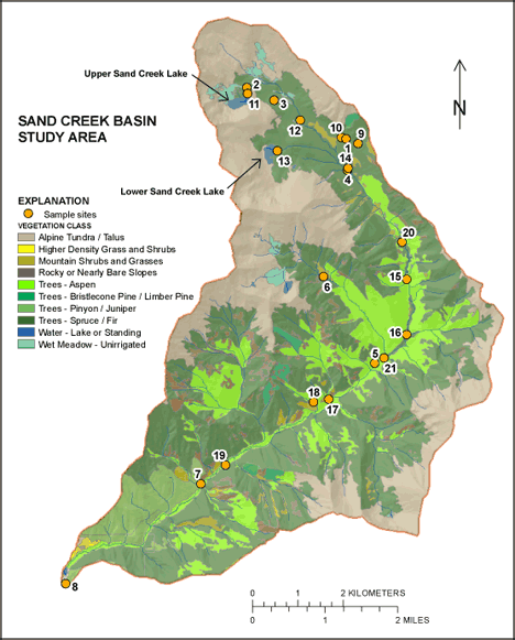 Map showing the location of the 21 sampling stations used in this study and general vegetative cover within the Sand Creek watershed, Colorado