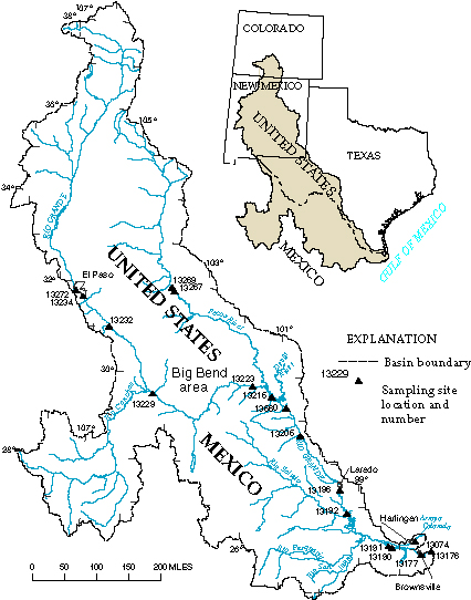 Figure 1. Map showing Rio Grande/Río Bravo Basin, United States and Mexico, showing major streams and riverbed-sediment sampling sites.