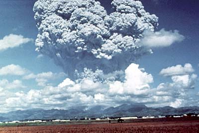 Eruption column of volcanic ash and gas rising above Mount Pinatubo on June 12, 1991