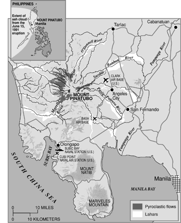 Map showing extent of lahars and pyroclastic flows around Mount Pinatubo