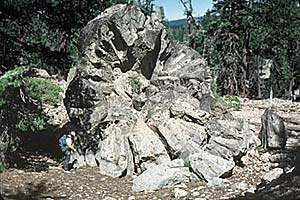 photograph showing a large lava block left behind by a pyroclastic flow that occurred at Lassen Peak