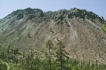 photograph of Chaos Crags, a group of six lava domes in Lassen Volcanic National Park