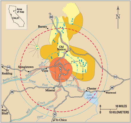 map showing the volcanic hazard zones of Lassen Volcanic National Park region in northern California