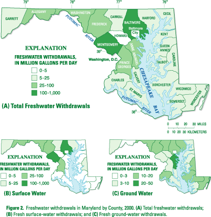 Figure 2. Freshwater withdrawals in Maryland by County, 2000. (A) Total freshwater withdrawals; (B) Fresh surface-water withdrawals; and (C) Fresh ground-water withdrawals. (Click to view larger image)
