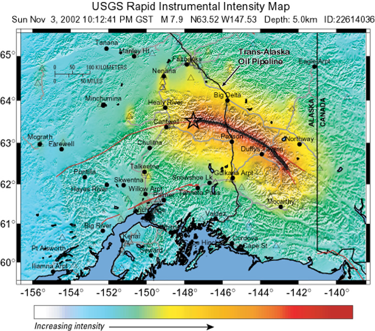 shake map showing intensity of shaking for the November 3, 2002, Denali Fault earthquake in Alaska