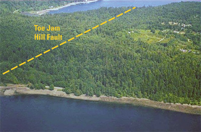 photograph of the heavily forested area near Puget Sound with the trace of Toe Jam Hill Fault drawn in