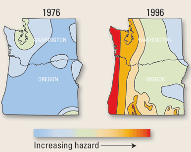 image comparing the 1996 seismic-hazard map next to the 1996 seismic-hazard map for the Pacific Northwest Region of the United States. The 1996 map shows a marked increase in the seismic hazards for the region.