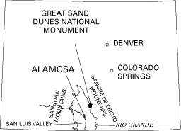 Figure 1. Location of the Great Sand Dunes National Monument, south-central Colorado.