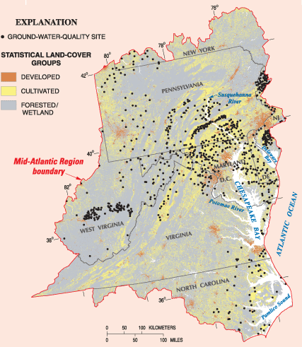 Figure 2. Locations of ground-water wells sampled for nitrate and statistically grouped land cover in the Mid-Atlantic Region. (Click to view larger image)