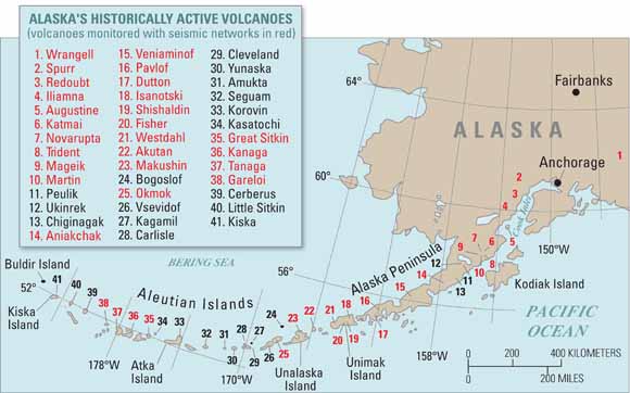 map of southwestern Alaska showing volcanoes