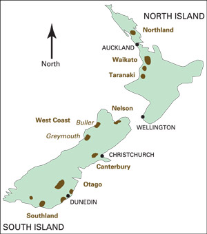 Map showing major coal regions and coal fields of New Zealand. On North Island, the major coal regions are Northland, Waikato, and Taranaki. On South Island, the major coal regions are West Coast, Canterbury, Otago, and Southland. The major coal fields on South Island are Buller and Greymouth, both of which are in the West Coast coal region.