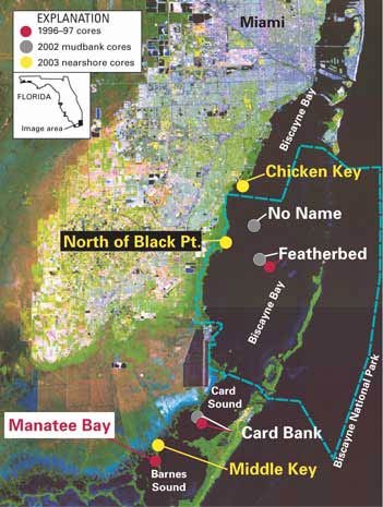 Satellite image map of Biscayne Bay, Fla., showing sites where USGS cores were collected and the boundary of Biscayne National Pa