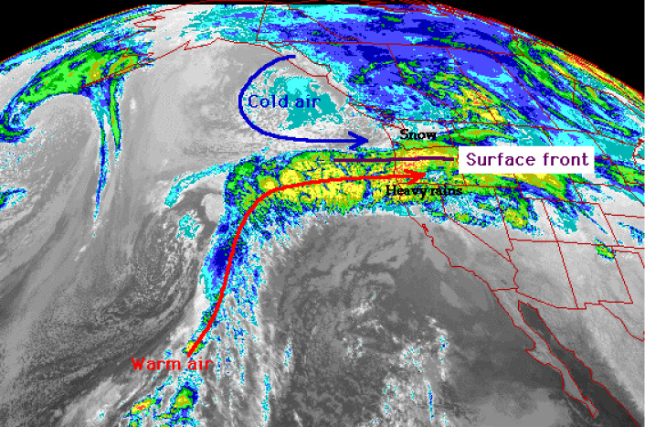 Infrared satellite photograph for November 18, 1996, showing subtropical jet stream bringing moisture from the southwest, and a cold air mass over Washington.