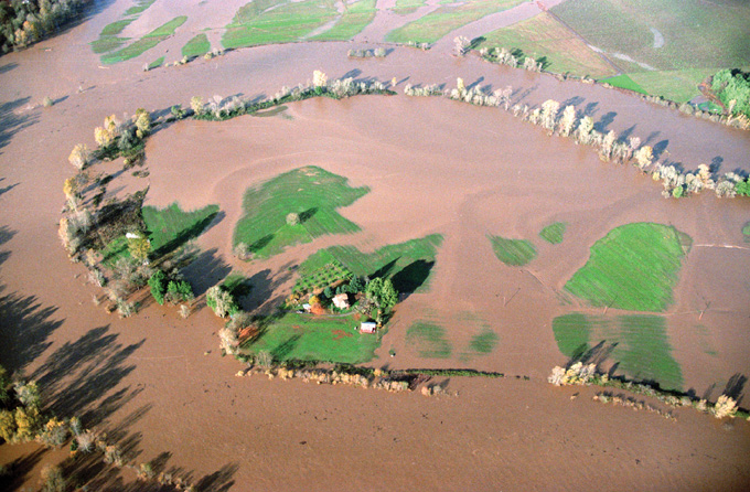 Aerial view of flooding on the lower Umpqua River in December 1996