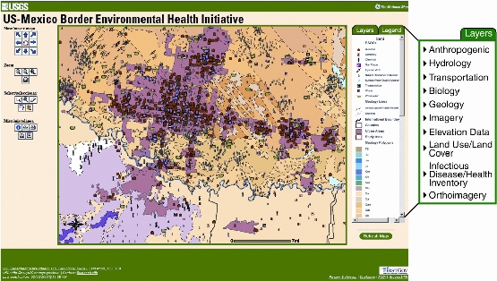 Figure 2. U.S.-Mexico Border Environmental Health Project IMS Web site with a view of potential sources of contamination (PSOCs) overlaid onto a binational geologic map of the McAllen and Reynosa urban areas.