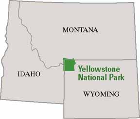 mapa de Idaho, Montana y Wyoming mostrando Yellowstone en el centro