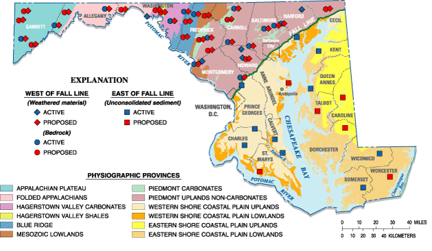 Figure 4. The optimal water-table aquifer, observation-well network in Maryland, showing the 30 current (2005) observation wells, and the 51 recommended additional observation wells needed to reach the optimal network design (modified from M.T. Duigon, Maryland Geological Survey, written commun., 2004). (Click to view larger image)