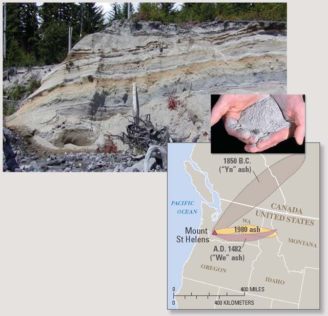Photo of ash layer with insets of ash in a person's hand and small map of ash extent going into Montana